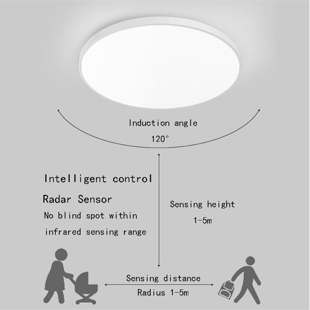 Hertl Plafonnier LED, plafonnier LED avec détecteur de mouvement radar, lampe de plafond IP44, plafonnier rond moderne applicable à la salle de bain, chambre à coucher, cuisine, salon, balcon, garage