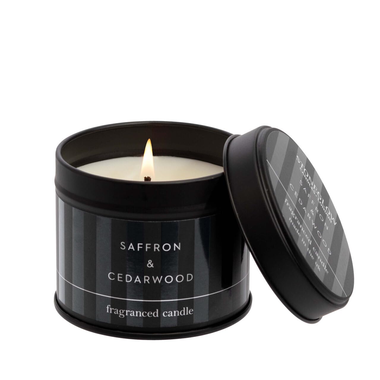 Stoneglow - Modern Classics Collection - Saffron & Cedarwood - Candle Tin (Black)