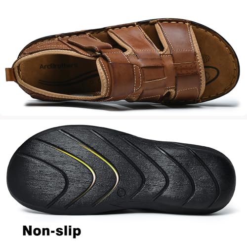 Image of ArcBrothers Men's Premium Leather Sandals - Classic Roman Style Open Toe Sandals - Cushioned Heel, Non-Slip & Sturdy Support
