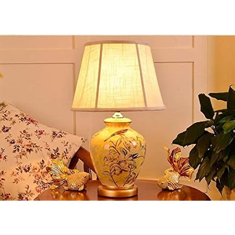Table Lamp, Chinese Classical Birds and Flowers Print Ceramic Lamp, Bedroom Bedside Table Lamp Reading Night Light, Decorative Lamp, Yellow Cover