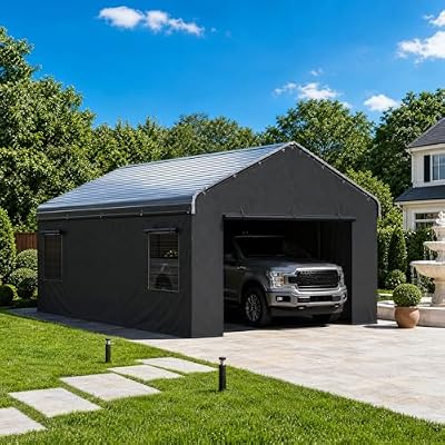 HOMSHADE 12x20FT Metal Carport with Removable Sidewalls & Windows, Heavy-Duty Enclosed Car Port Canopy with Galvanized Frame and Roof, Outdoor Garage Shelter for Pickup, Truck, Boat, Tractor, Tools