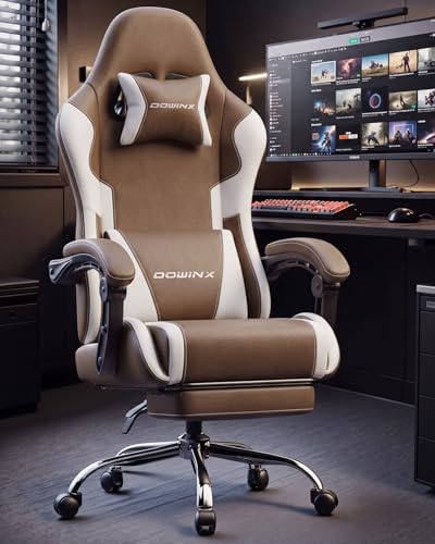 Image of Dowinx Ergonomic Gaming Chair with Footrest & Massage Lumbar, 2D-Linkage Armrests for Computer Chair 330lbs with Headrest Pillow for Office, Home, Streaming and Long Gaming Sessions, Fabric Brown