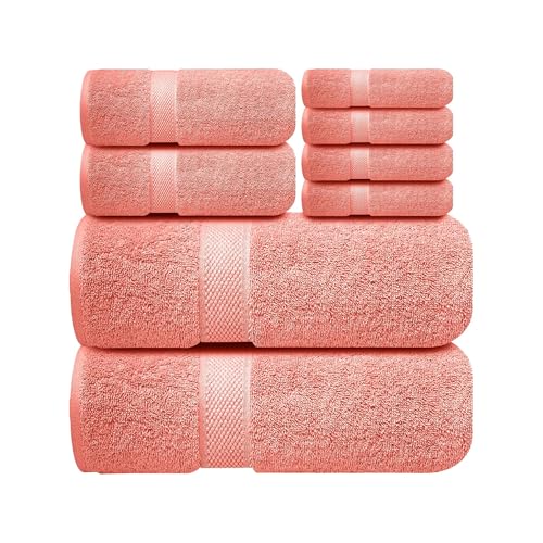 Image of Sulfar 100% Combed Cotton, 8 Pcs Towel Set - 2 Bath Towels (70 x 140 cm), 2 Hand Towels (40 x 70 cm) and 4 Face Towel (30 x 30 cm) (600 GSM, Pack of 8) Coral Pink