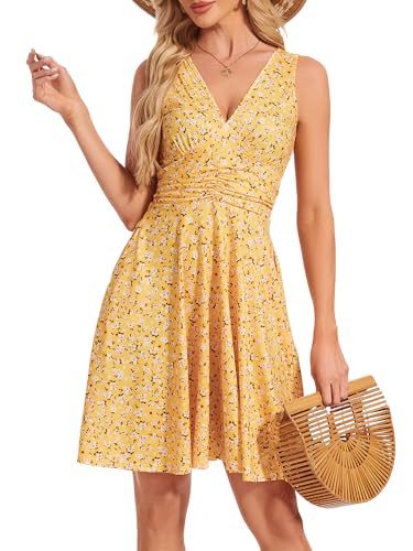 Image of Women's Spring Floral Sundress Sexy V Neck Sleeveless Ruffle Flowy Tank Short Summer Dress with Pockets