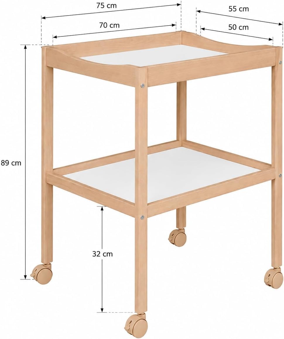 Table à Langer en Bois de Hêtre Naturel avec Roulettes Freinées – 75 x 55 x 89 cm – Étagère de Rangement – Mobilier Bébé Écologique et Durable