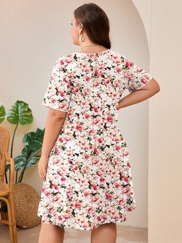 Image of AusLook Plus Size Midi Dress for Women Loose V Neck Short Sleeve Summer Casual A Line T Shirt Sundresses with Pockets 1X-5X