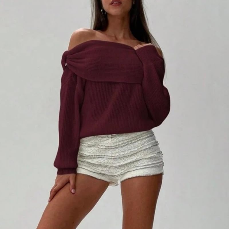 Image of Women Off The Shoulder Sweater Long Sleeve Ribbed Knit Top Y2k Pullover Sweaters Fall Going Out Streetwear