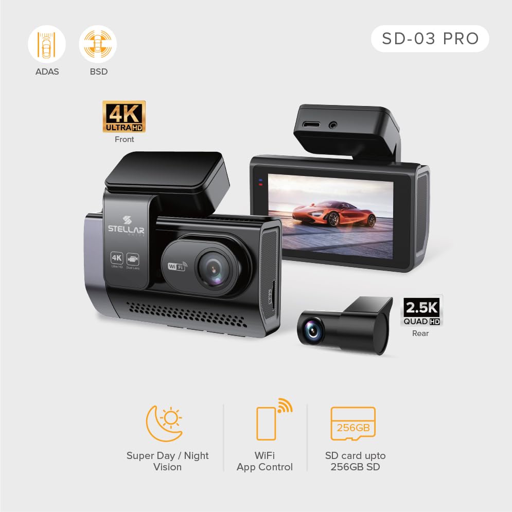 Image of STELLAR DRIVE SD-03 Pro 4k Dual Dash Cam | 4K Front + 2.5K Rear Camera | WiFi App Control | HD Resolution | 3.0 inch IPS Screen | Night Vision | 140 Wide Angle | Loop Recording | G-Sensor