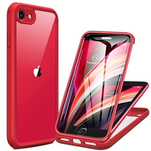 Image of Miracase for iPhone SE Phone Case 3rd /2nd Generation 2022 2020 Full-Body with Built-in Glass Screen Protector, Heavy Duty 360 Protective Shockproof Bumper Cover for iPhone 8 /SE 4.7 Inch, Red