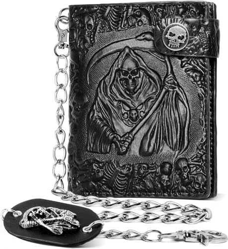 ZEKEE Skull Gothic Chain Wallet Leather - Punk Bifold Halloween Goth Accessories | Unisex, Black