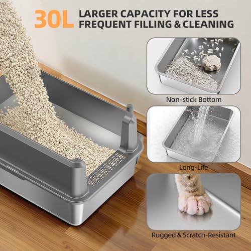 Image of WoofiGo Enclosed Stainless Steel Cat Litter Box with Lid, XL Extra Large Litter Box for Big Cats, Metal Litter Pan High Sided, Never Absorbs Odors, Anti-Urine Leakage, Include Scoop (65-LightGray)