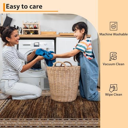 GlowSol Modern Washable Rug 8x10 Rug Bordered Solid Brown Rugs for Living Room Non-Shedding Stain Resistant Large Rug Washable Neutral Rug Non-Slip Bedroom Throw Carpet for Apartment Farmhouse