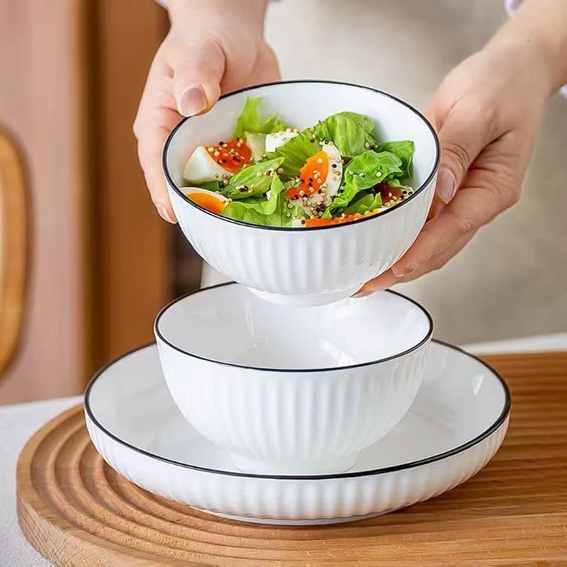 Image of Elegant White Ceramic Dessert Bowls with Black Rim - Set of 6, Ribbed Design, Perfect for Ice Cream, Desserts, Snacks, and More