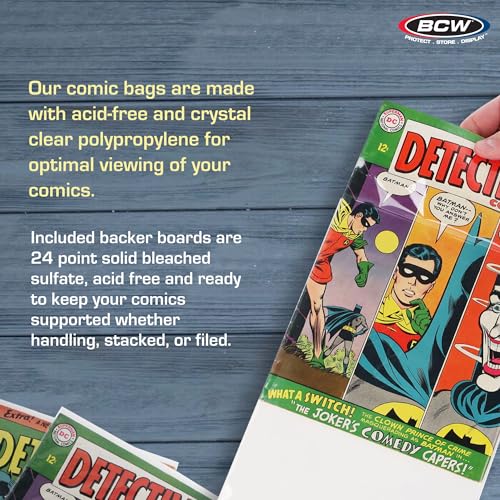 Image of BCW Premium Silver Age Comic Premade Bags with Backer Boards | 7 ⅛ inch x 10 inch | Pre-Loaded & Archival Comic Sleeves and Boards | Crystal Clear Storage for Collectors (Non-Resealable) (250 Pack)
