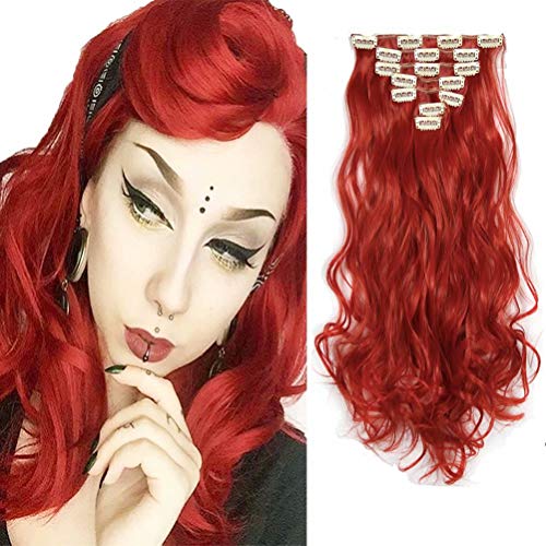 iLUU High Temperature Heat Resistant Synthetic Wavy Curly Red Hair Extension Clip on Hair Wig Woman's 20inch 100g Quality Human Made Clip in Hair Pieces Extensions (Bright Red-#113, 7pcs/16clips)