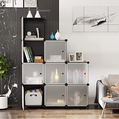 Awtatos Storage Cube Organizer With Doors, Stackable Closet Shelf For Bedroom, Clothes Shelving Rack, Diy Square 9 Cubes Bookcase Bookshelf, Plastic Space Saver For Home, Living Room, Office, Black #TOP1
