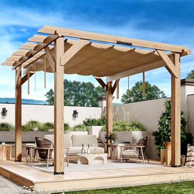 SunnyFurn 10 x 12 Ft Cedar Wood Pergola with Solid Structure, Retractable Shade Canopy, Durable, Rot Resistant, Patio Pergola for Backyard, Deck, Garden, Outdoor Entertaining, Wood