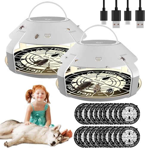 Vmxlso 2 Piezas Trampa para Pulgas, Lámpara Pulgas Eliminar Casa, Trampa Antipulgas Hogar con 10 Discos Adhesivos, Mata Pulgas Hogar, Trampas Chinches de Cama Eliminar para Pulgas, Mosquitos, Polilla
