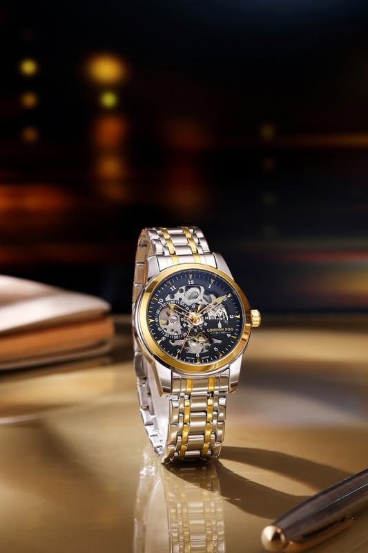 Image of London Fog Richmond Collection Automatic Mechanical Skeleton Watch for Men - Stainless Steel Strap, See-Through Dial, British Design Wristwatch - LFM10024