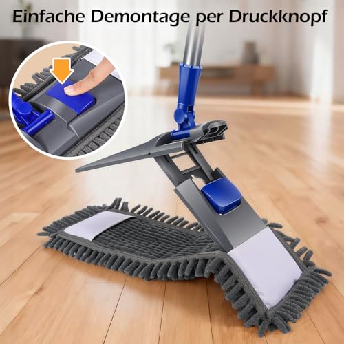 MASTERTOP Bodenwischer Set, Mikrofaser Wischmop Chenille Flachmopp mit Lang Griff, Multifunktionaler...
