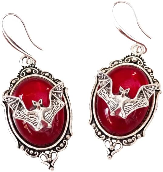 7Dots Art Gothic Bat Cameo Earrings with Red Stone, 925 Silver Plated Ear Wires, Halloween Cosplay Party Jewelry