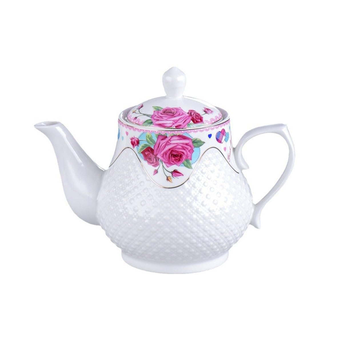 Kleine Porzellan-Teekanne im europäischen Stil, Weiß mit Blumen und erhabenem Punkt-Design, für Kaffee, Tee, Wasser, Vintage-Keramik-Teekanne (Teekanne 425 ml)