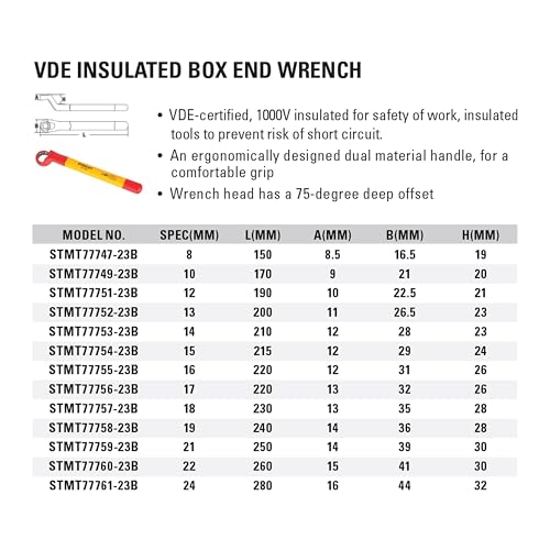 Image of STANLEY STMT77751-23B VDE Insulated Box End Wrench 12mm, Ideal For Repair Of Electric Vehicles, Red and Yellow