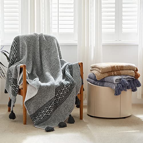 Periwinkle Purple Knit Throw Blanket With Pom Fringes, Modern Farmhouse Home Decor Soft Lightweight Cable Knit Throw Blanket For Couch Sofa Bed Baby Nursery, 51" X 63" Size Oeko-Tex Certified #TOP4