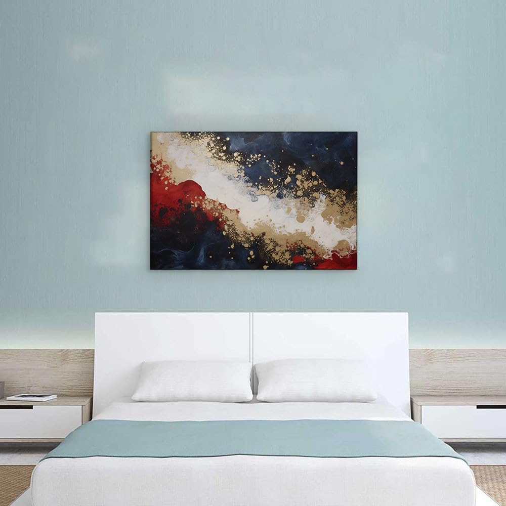 Canvas for Living Room. Harmonious Hues and Dynamic Energy - A Vibrant Fusion of Red, Blue, Gold, and White in Abstract Art, 27 x 18 inch Canvas Wall Art - Modern Home Decor