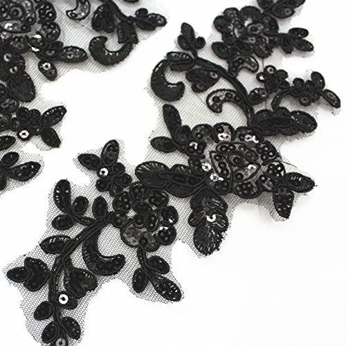 Sunmove Pair Of Embroidery Sequin Lace Applique Sewing Flower Fabric Collar Patch Motif Wedding Gown Dress Bridal Diy Crafts(Black) #TOP2