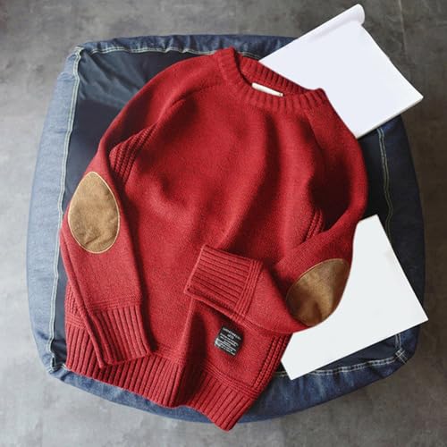 Winter Men's Chunky Vintage Grandpa Sweater Crew Neck Thick Knit Jumper Sweater Solid Pullover Tops with Elbow Patch2