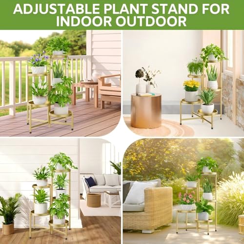 Image of iDavosic.ly 5 Tier Large Plant Stand Indoor, 10 Inch Wide Tall Corner Metal Plant Stands Outdoor for Multiple Plants, Folding Tiered Flower Display Holder Rack Shelf, Gold