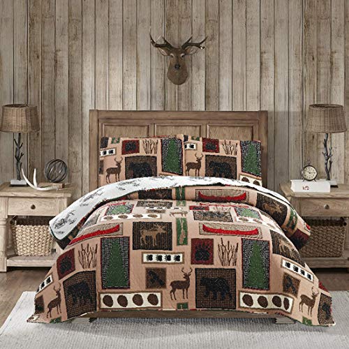 Oliven Reversible Home Rustic Bedding Lodge Moose Bear Quilt Set King Size,3 Pcs Lightweight Cabin Bedspread Bear Paw Eagle Elk Printed Bed Cover All Season Coverlet Bed Set with King Pillow Shams