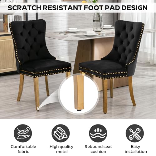 Image of 5-Piece Dining Table Set with 47In Tempered Glass Table and 4 Velvet Upholstered Chairs, Modern Scandinavian Furniture for Dining Room Kitchen(Black&Gold)