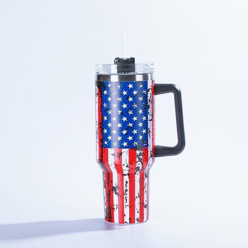 40 Oz Stainless Steel Travel Mug with Handle - USA Flag Insulated Tumbler - Navy Military - Black Handle