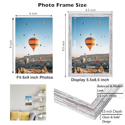Image of JCJMY 6x9 Picture Frame Rustic White for Wall Hanging or Tabletop- Wall Mounting Horizontally or Vertically, 6 x 9 Wall Gallery Poster Photo Frame for 6 by 9 Photos, Rustic White