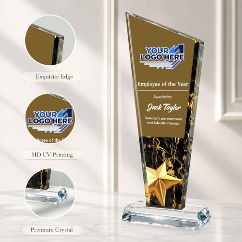 Image of Custom Crystal Trophy Award Personalized Plaque Award with Text Logo Photo Awards Trophies for Employee Recognition Team Graduation Personalized Office Gifts for Boss Coworker Teacher