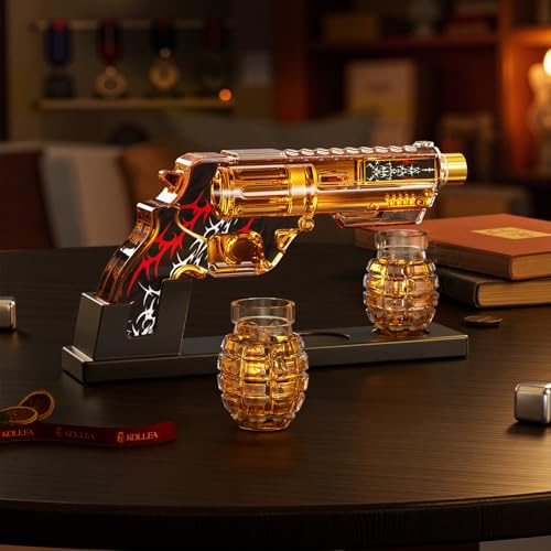 Image of Kollea Whiskey Decanter Set with Grenade-Shaped Shot Glasses, Anniversary Birthday Gifts for Men Who Have Everything, Whiskey Gifts for Father, Husband, Boyfriend & Military Enthusiasts, Red