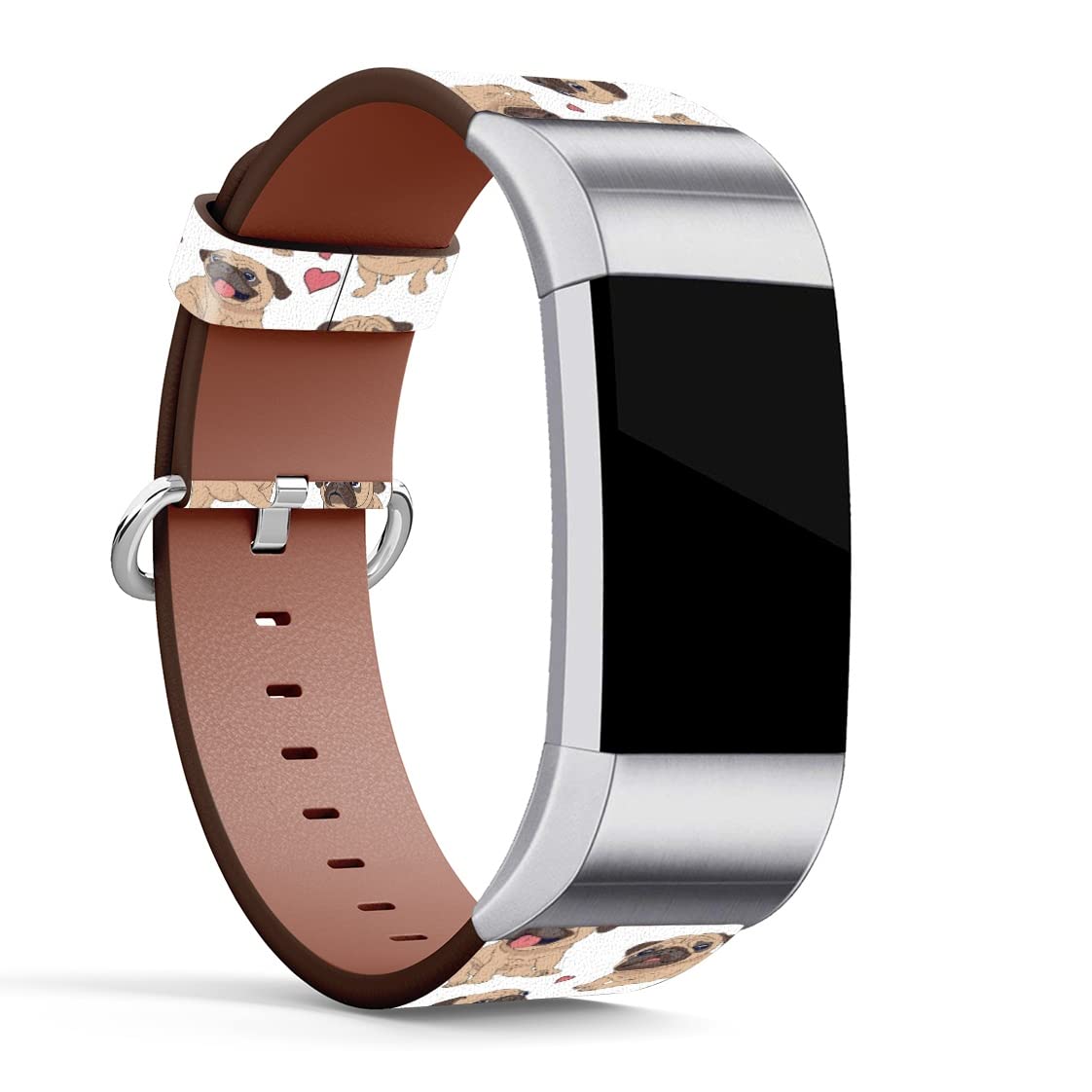 MINGDAO Compatible with Fitbit Charge 2 , Patterned Leather Replacement Band , (Cute Pug Dog Pattern-Wb02)