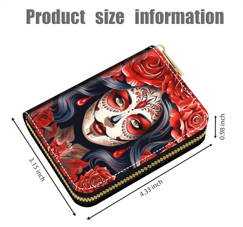 Credit Card Holder Wallets for Women, Sugar Skull Girl Rose Design RFID Blocking Small Leather Card Case Wallet Zipper Accordion Wallets2