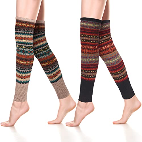 Image of SATINIOR 2 Pairs Leg Warmers for Women Wool Leg Warmers Bohemian Winter Long Knit Boot Cuffs Socks for Women(Black, Khaki)