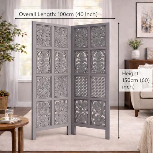 Image of Wooden Room Divider | MDF Privacy Screen Partition | Freestanding Folding Floor Panel | Decorative Carved Handicraft Separator for Living Room, Bedroom & Office (Grey, 5 feet 2 Panels)