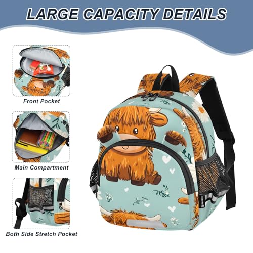 Kid's Backpack for Boys & Girls Toddler Bag Orange Highland Cattle Pattern Backpack with Safety Leash4