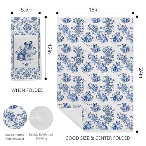 Image of Chinoiserie Pug Kitchen & Hand Towels Set of 2,Blue and White Floral Dog Dish Towel, Vintage Toile Pug Hand Towel for Farmhouse Bathroom Kitchen Decor,Dog Lover Gifts for Women