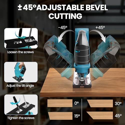Cordless Jigsaw for Makita 18V Battery (Battery Not Included) Cordless Jig Saw with LED Work Light, 0°-45°Bevel Cuts, 3 Orbital Settings for Straight/Curve/Bevel/Circle Cutting - Image 3