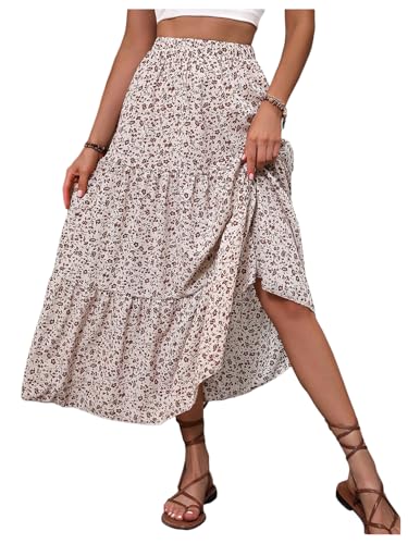 Verdusa Women's Boho Vacation Floral Tiered Flowy Skirt Beach High Rise Maxi Skirts