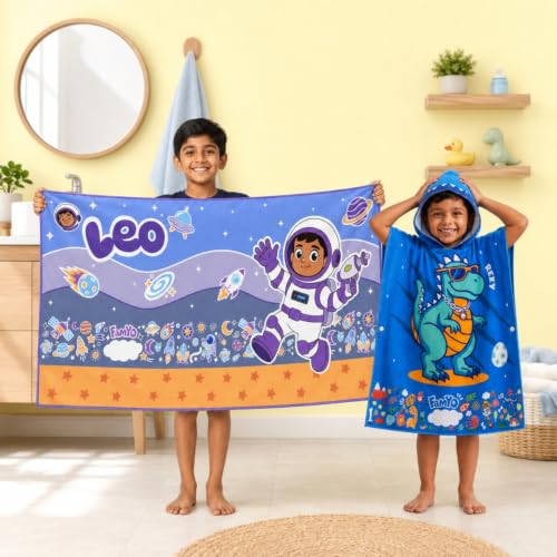 Image of Famyo Kids Hooded Poncho Towel and Microfiber Kids Bath Towels Combo for Boys & Girls (Blue & Black), Ultra Soft Quick Dry Super Absorbent Beach & Bath Towel