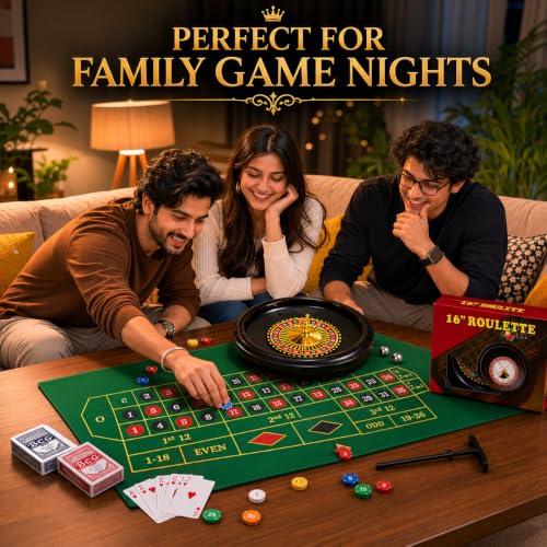 Image of 16 Inch Roulette Wheel Set for Adults, Complete Casino Game Set with 120 Casino Chips, Double-Sided Roulette & Blackjack Mat, 2 Playing Card Decks, 2 Steel Balls, Dealer Rake Included
