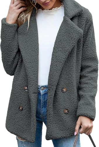 Kenhansion Button Down Fuzzy Jacket Coats for Women Winter Faux Fur Cashmere Overcoat Long Sleeve Fleece Cardigan Sweaters (Dark Grey,Small)