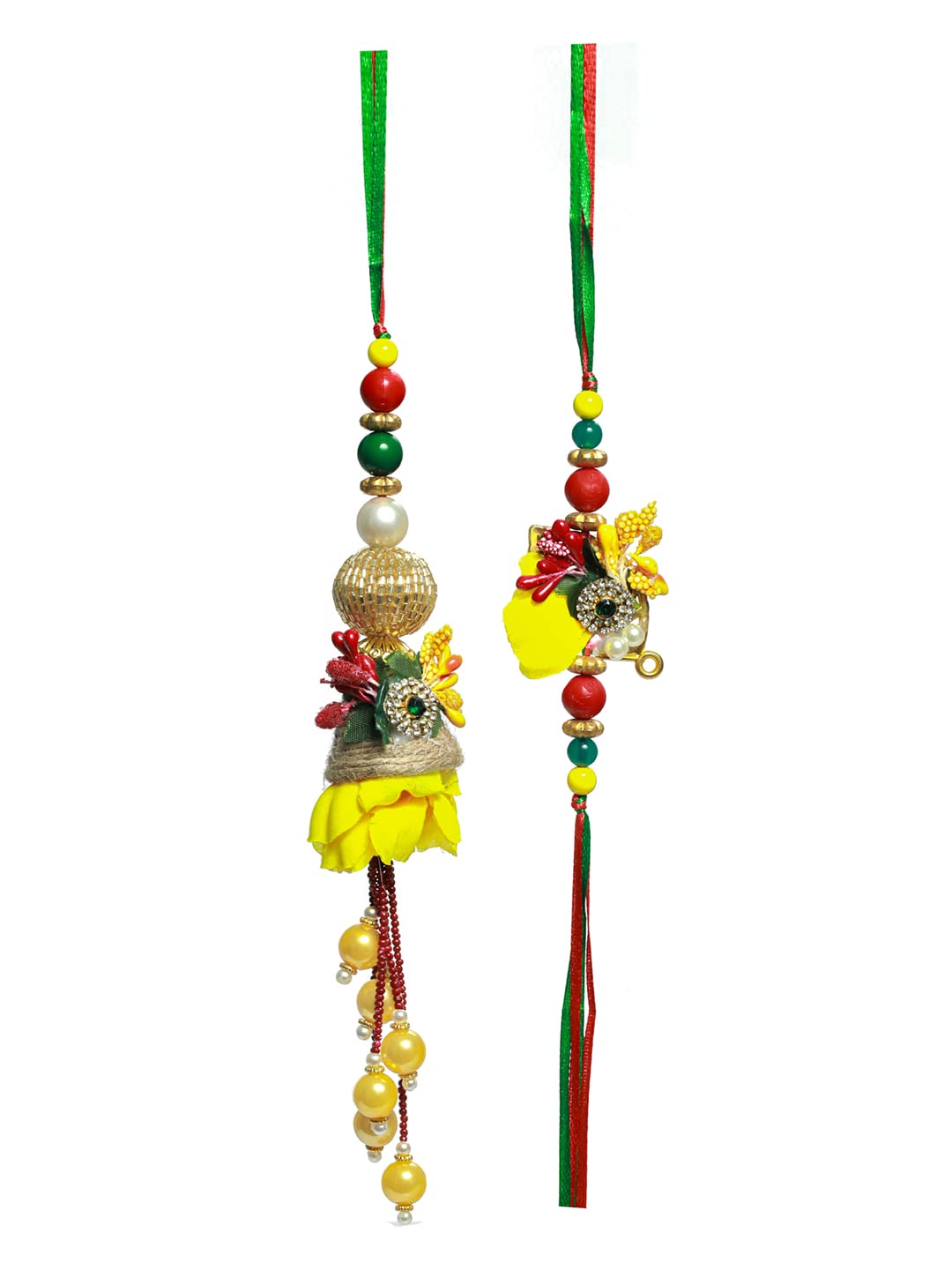 Priyaasi Rakshabandhan Yellow Flower Beaded Lamba and Rakhi Set with Roli Chawal, Greeting Card for Bhaiya-Bhabhi, Bhai, Brother, Men - Traditional Stylish Rakhi (Set of 2) - Image 2 thumbnail